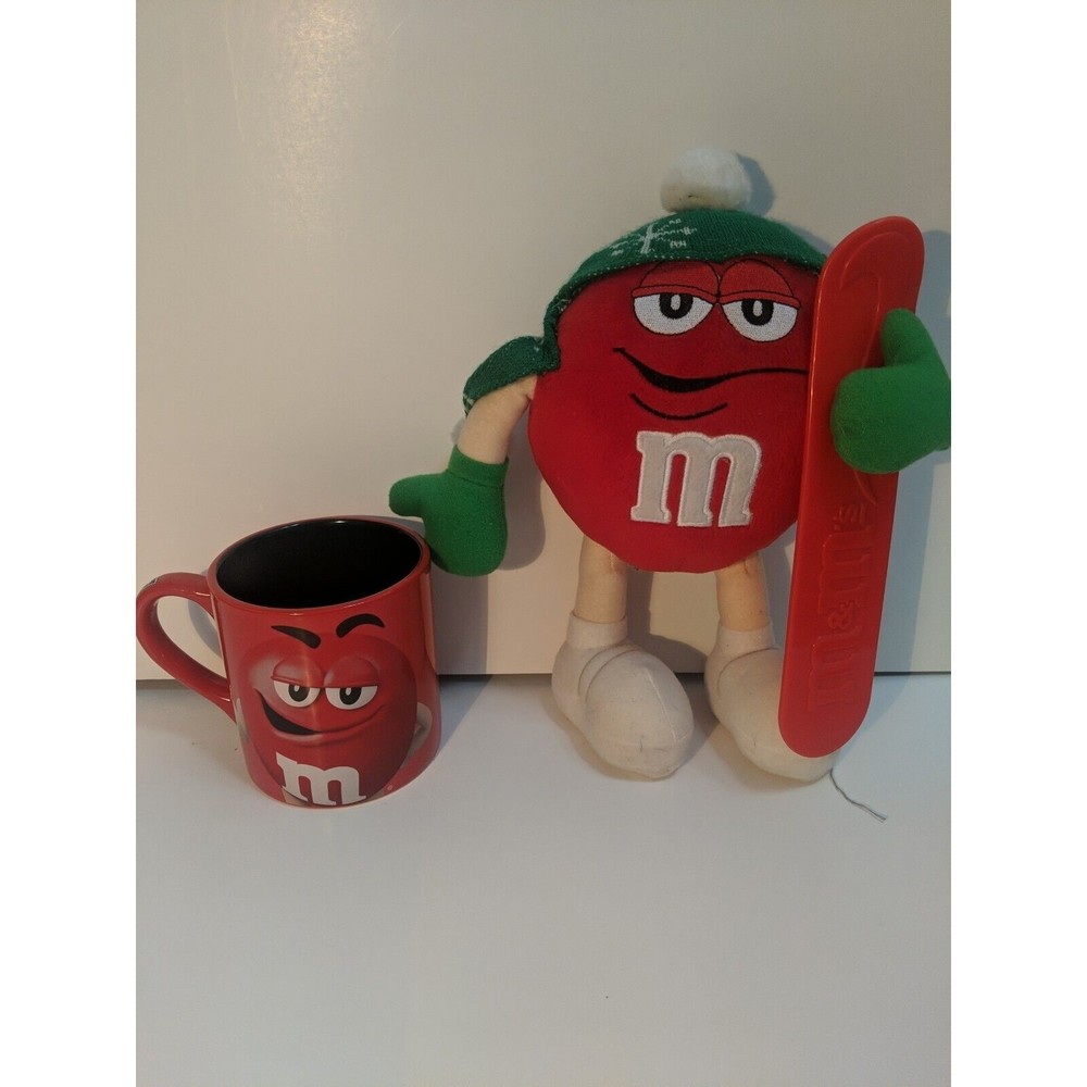M&M's RED M&M SNOW BORD  13" Plush STUFFED ANIMAL  w/ TAG vintage & FREE M&M Mug